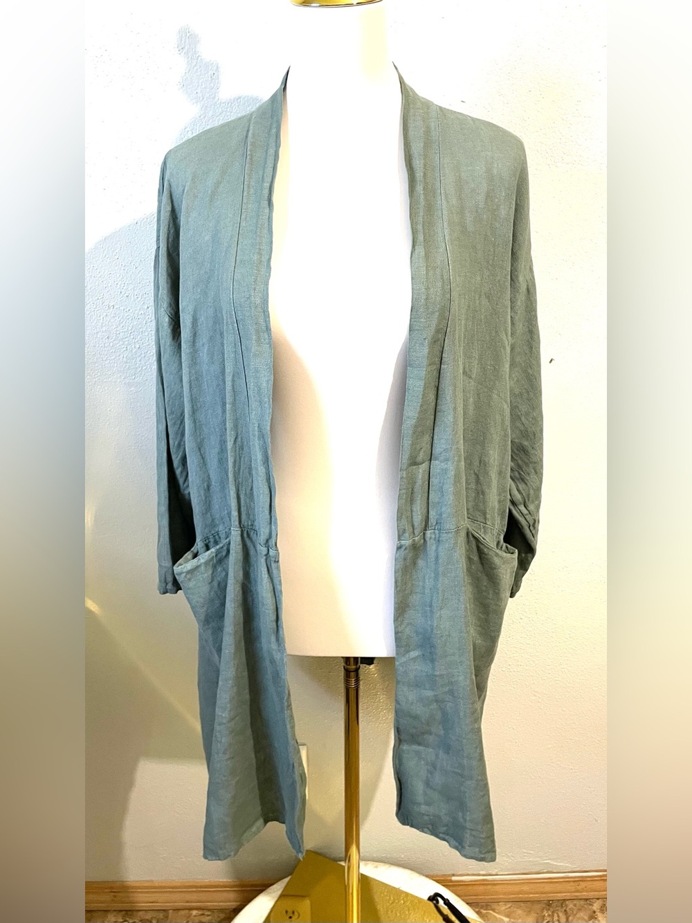 Italian Linen Green Oversized Open Front Cardigan Lagenlook Draped Knit Medium